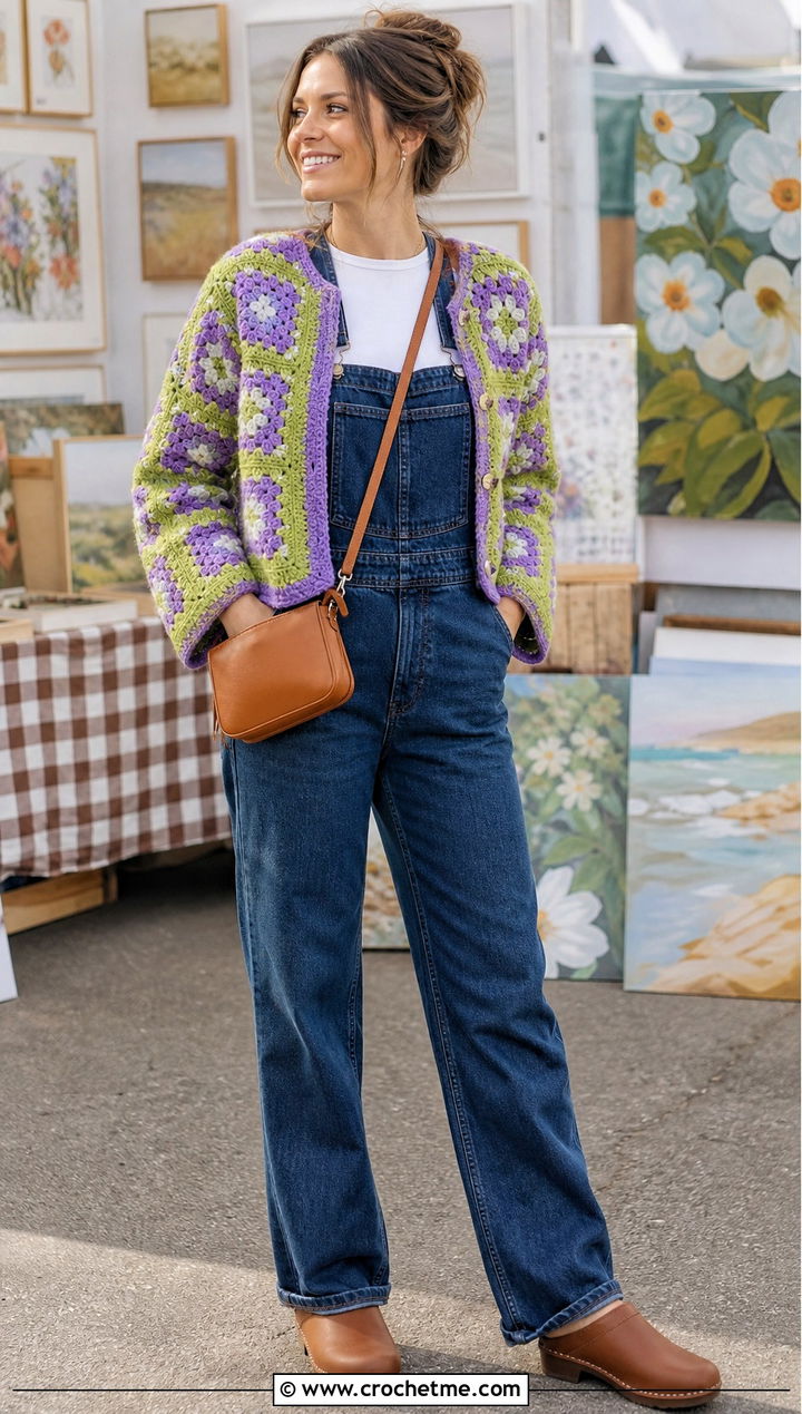 Granny Square Crochet Tweed Jacket With Denim Overalls - 30 crochet tweed jacket outfit ideas