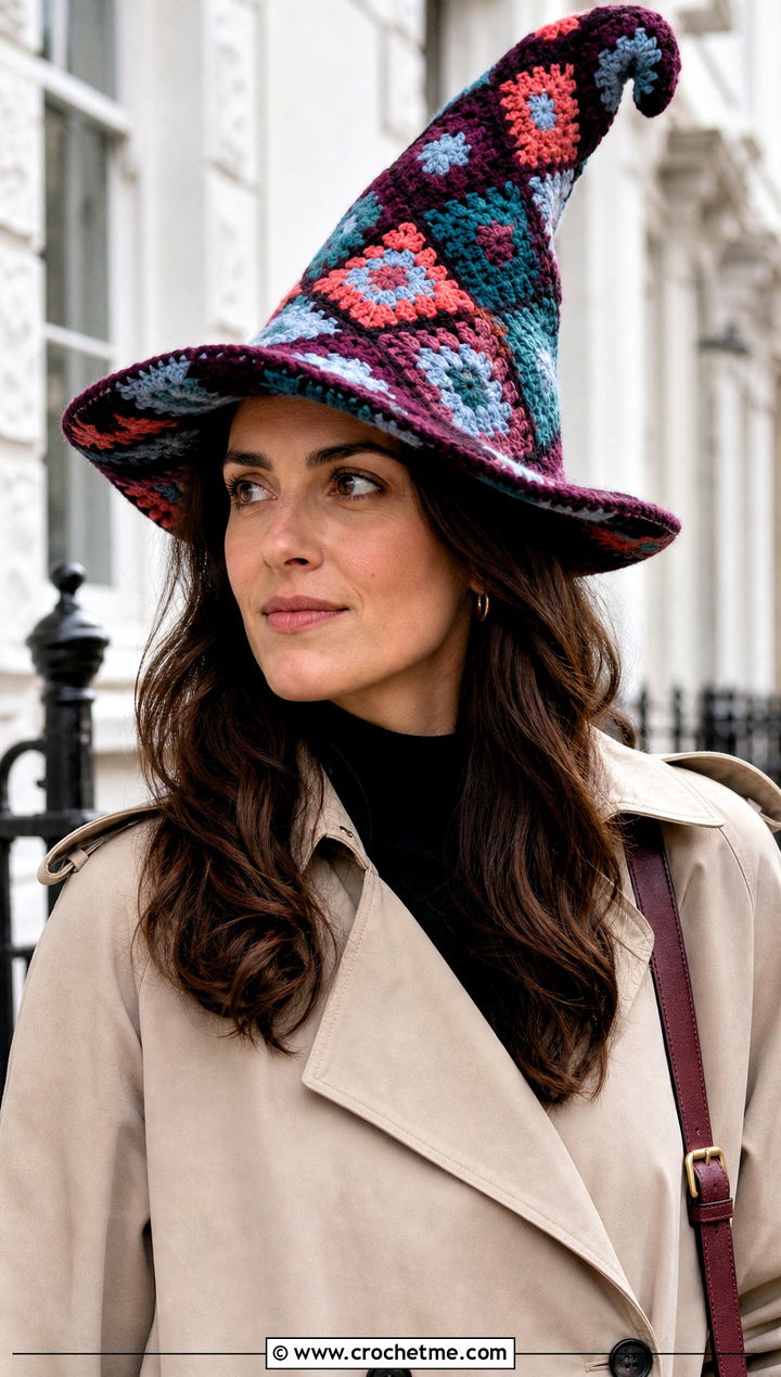 Granny Square Crochet Twisted Witch Hat With Trench Coat - 25 crochet twisted witch hat outfit ideas
