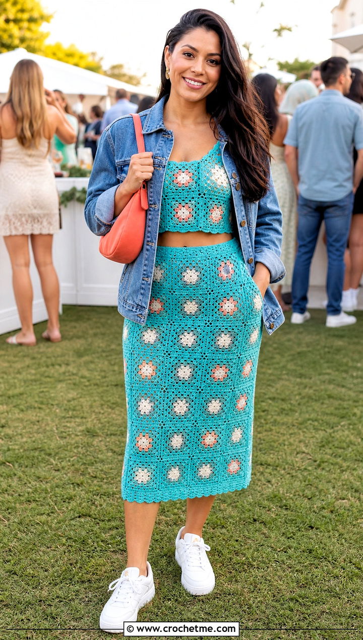 Granny Square Crochet Two Piece Set With Denim Jacket - 35 cute crochet clothes ideas