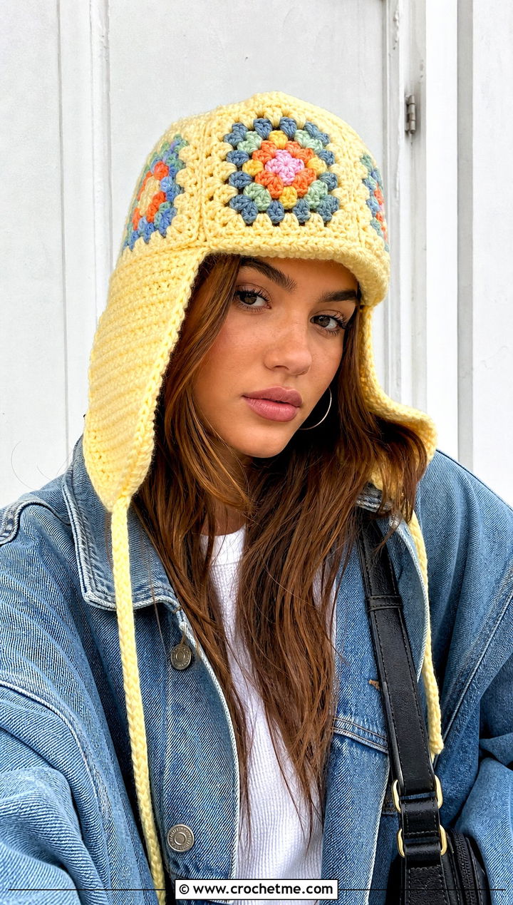 Granny Square Crochet Ushanka Hat With Denim Jacket - 30 crochet ushanka hat outfit ideas