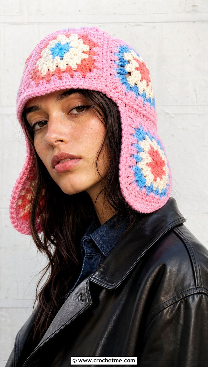 Granny Square Crochet Ushanka With Leather Jacket - 35 crochet russian hat outfit ideas