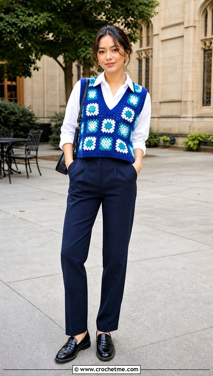 Granny Square Crochet V Neck Sweater Vest With White Shirt - 25 crochet v neck sweater vest outfit ideas