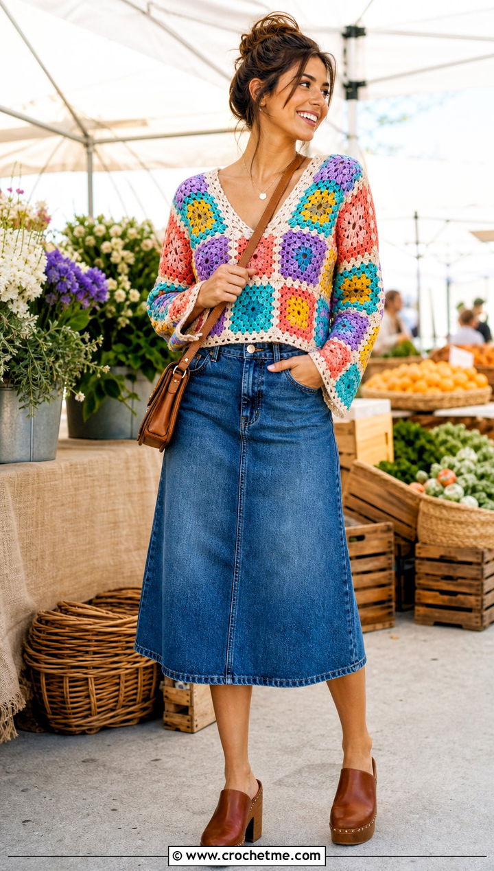 Granny Square Crochet V Neck Sweater With Denim Midi Skirt - 15 Crochet V Neck Sweater outfit ideas