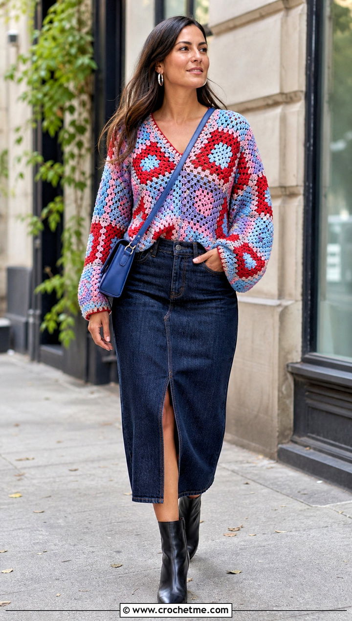 Granny Square Crochet V Neck Sweater With Denim Midi Skirt - 25 Crochet Vneck Sweater outfit ideas