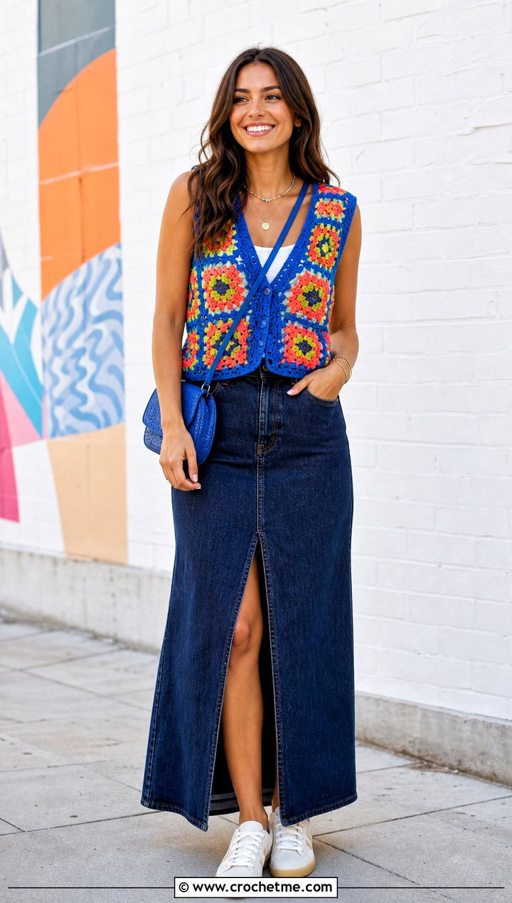 Granny Square Crochet V Neck Vest With Denim Maxi Skirt - 30 crochet v neck vest outfit ideas