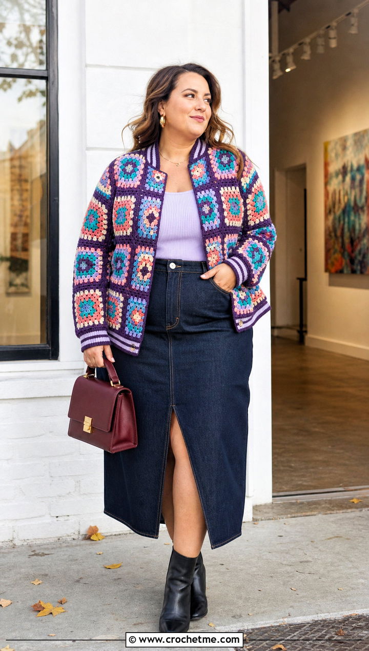 Granny Square Crochet Varsity Jacket With Denim Midi Skirt - 35 crochet varsity jacket outfit ideas