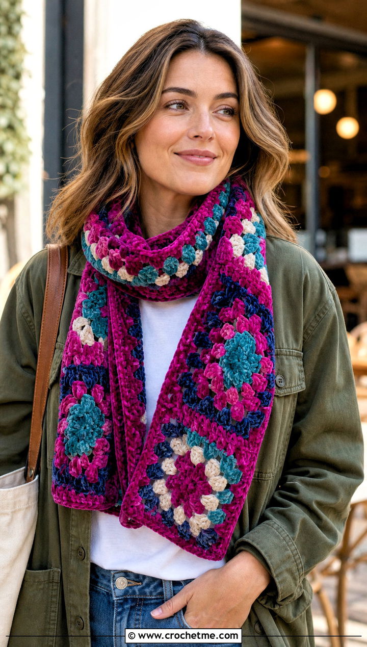 Granny Square Crochet Velvet Scarf With Chore Jacket - 25 Crochet Velvet Scarf outfit ideas