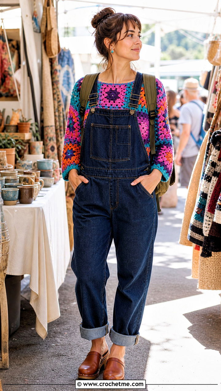 Granny Square Crochet Velvet Top With Denim Overalls - 30 crochet velvet top outfit ideas