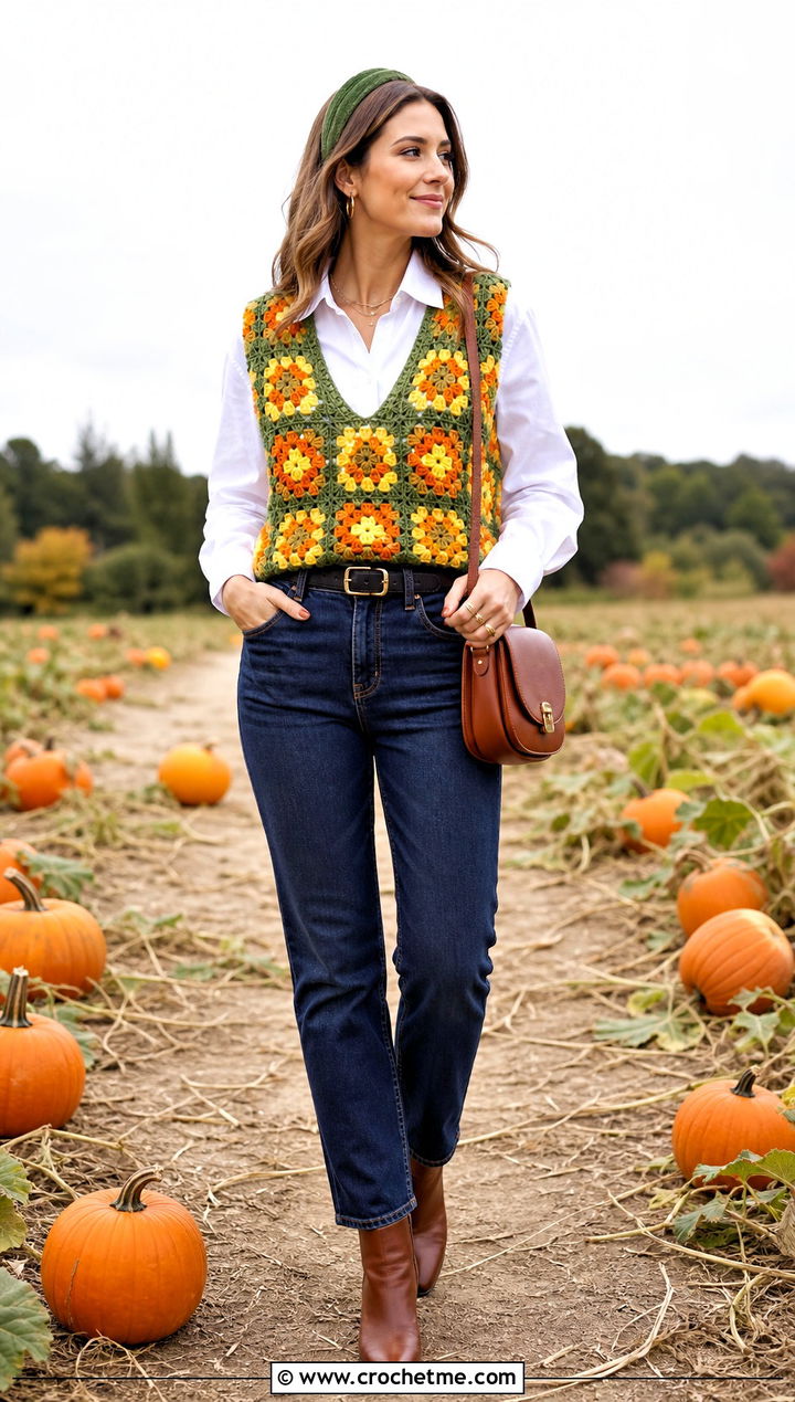 Granny Square Crochet Vest Pumpkin Outfit - 30 crochet halloween outfit ideas