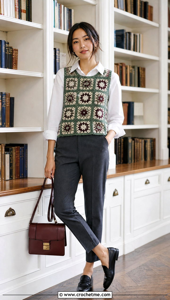 Granny Square Crochet Vest Top With Button Down Shirt - 35 Outfit With Crochet Top outfit ideas