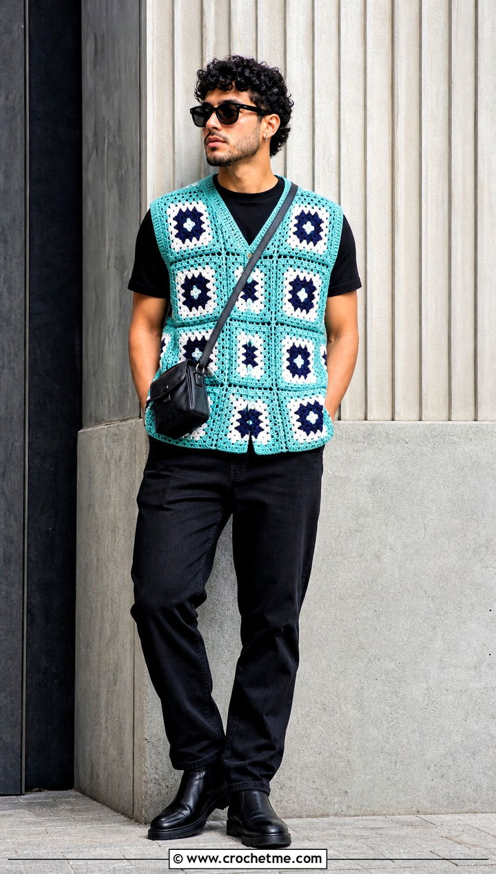 Granny Square Crochet Vest With Black Jeans - 25 Crochet Guys Clothes and outfit ideas