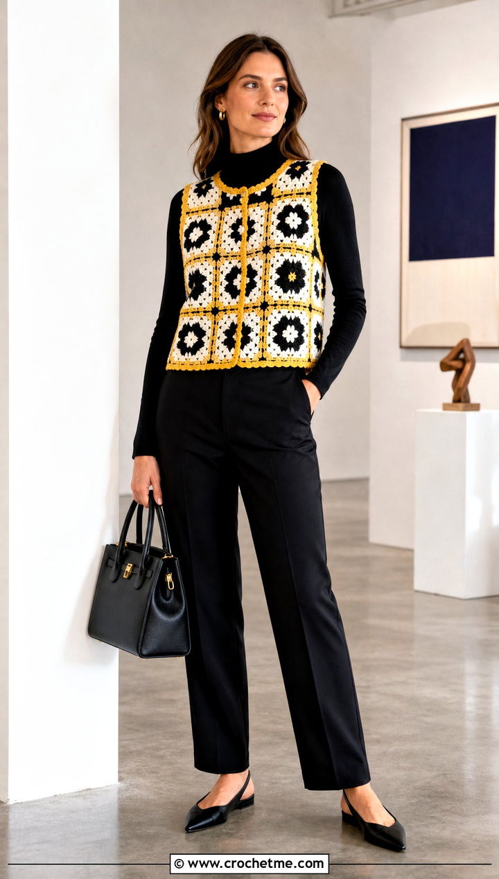 Granny Square Crochet Vest With Black Trousers - 30 black and white crochet vest outfit ideas