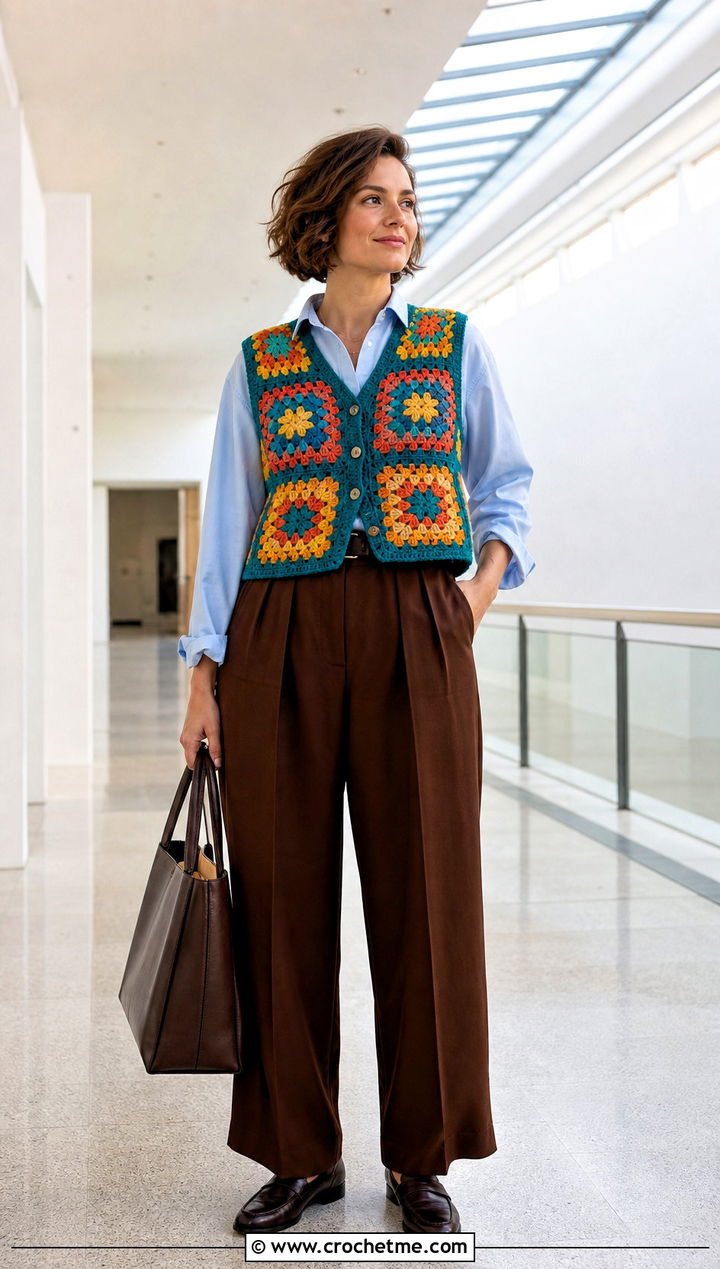 Granny Square Crochet Vest With Button Down Shirt And Trousers - 20 dainty crochet top outfit ideas