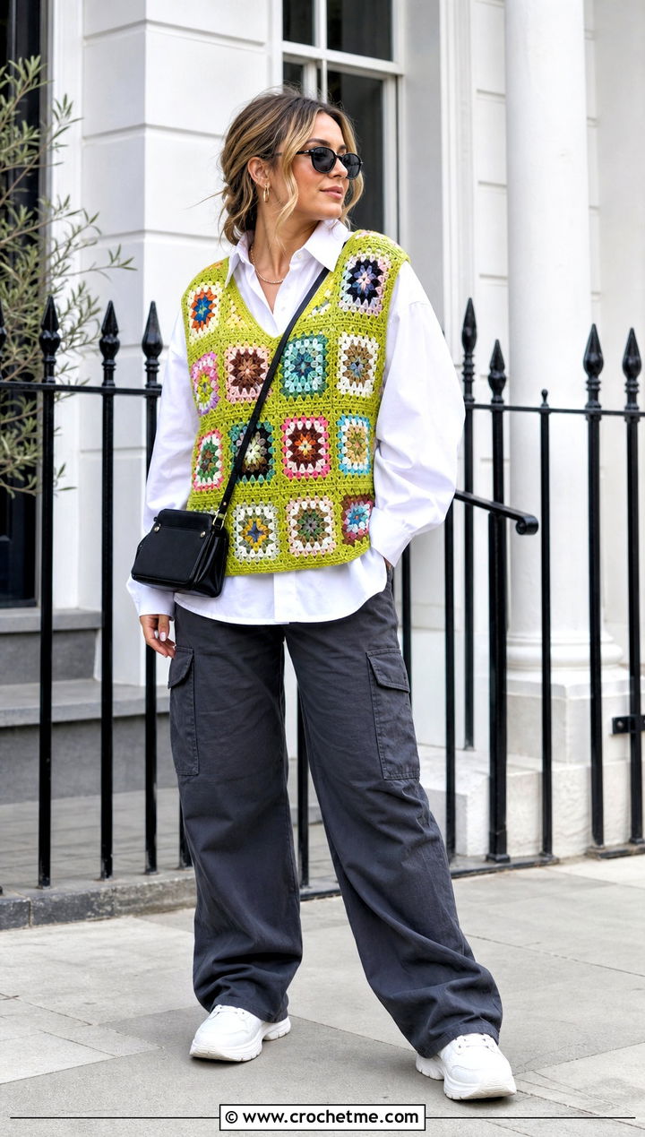 Granny Square Crochet Vest With Cargo Pants - 30 Edgy Crochet Clothes and outfit ideas