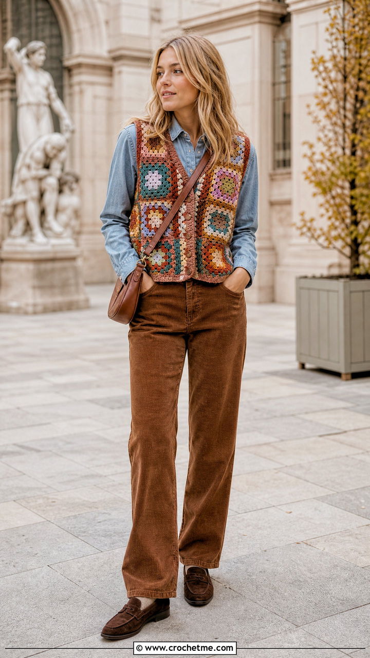 Granny Square Crochet Vest With Corduroy Pants - 35 fall crochet clothes and outfit ideas