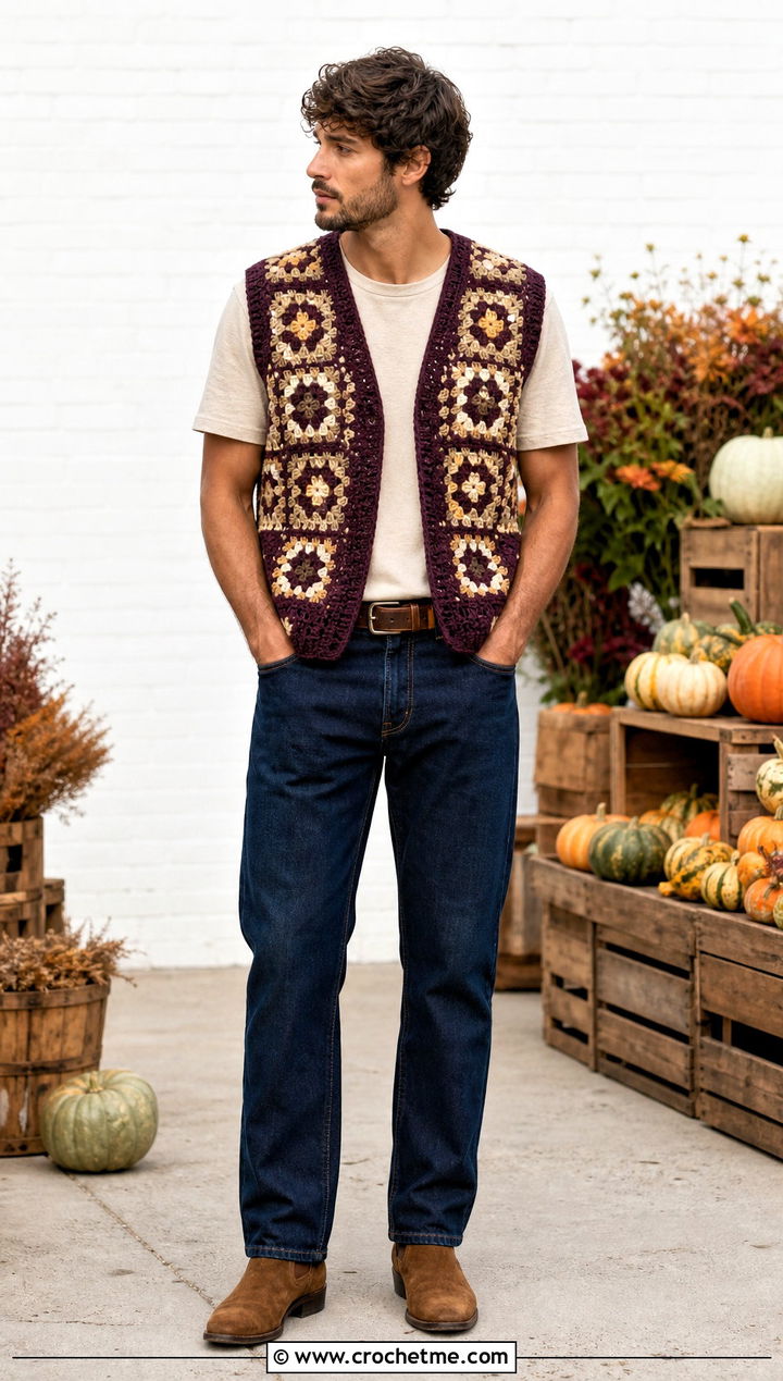 Granny Square Crochet Vest With Denim Outfit - 25 Crochet Men Clothing and outfit ideas