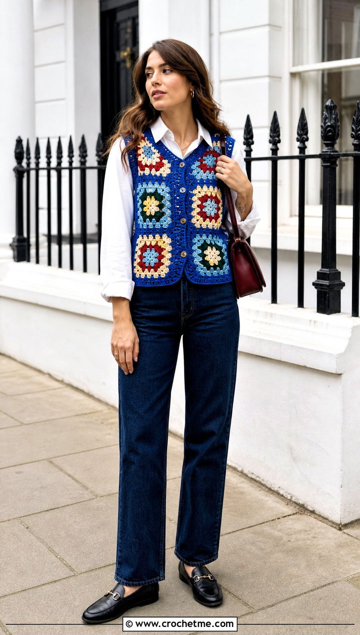 Granny Square Crochet Vest With Jeans - 25 beginner crochet clothing and outfit ideas