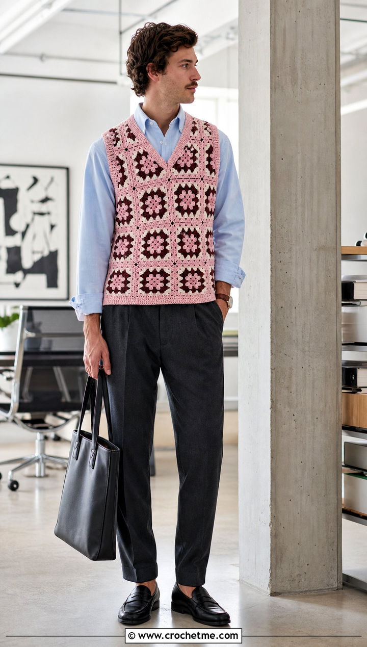 Granny Square Crochet Vest With Oxford Shirt - 15 men crochet clothes and outfit ideas
