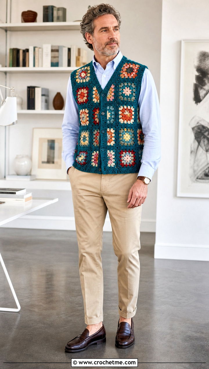 Granny Square Crochet Vest With Oxford Shirt - 30 Mens Crochet Outfit ideas