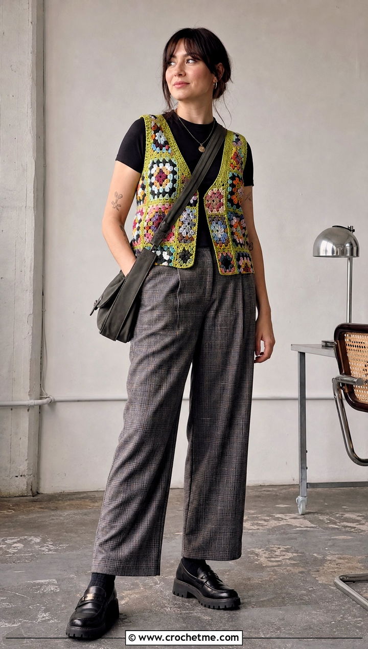 Granny Square Crochet Vest With Plaid Trousers - 35 Crochet Grunge Clothes and outfit ideas