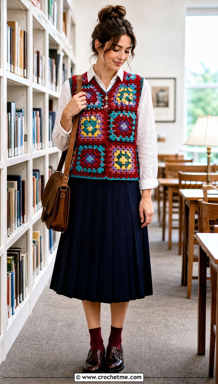 Granny Square Crochet Vest With Pleated Midi Skirt - 25 Fantasy Crochet Clothing and outfit ideas