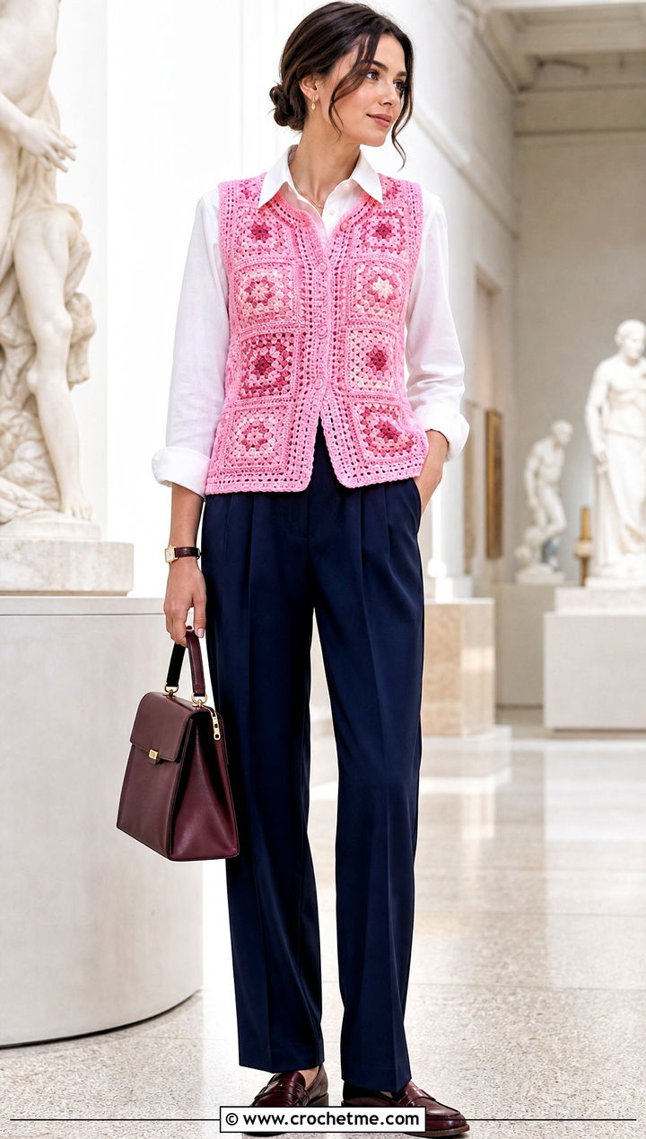 Granny Square Crochet Vest With Pleated Trousers - 15 Aesthetic Cute Crochet Clothes and outfit ideas