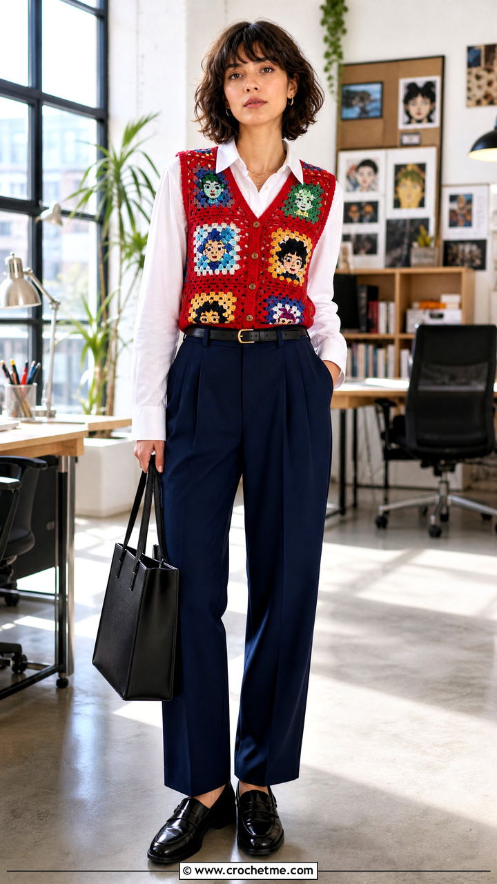 Granny Square Crochet Vest With Pleated Trousers - 35 anime crochet clothes and outfit ideas
