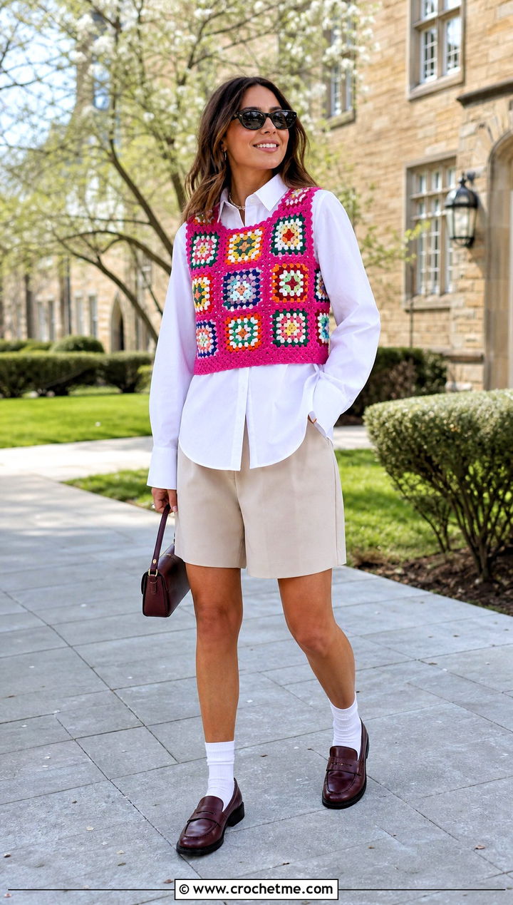 Granny Square Crochet Vest With Poplin Shirt And Bermuda Shorts - 35 spring summer crochet clothes ideas