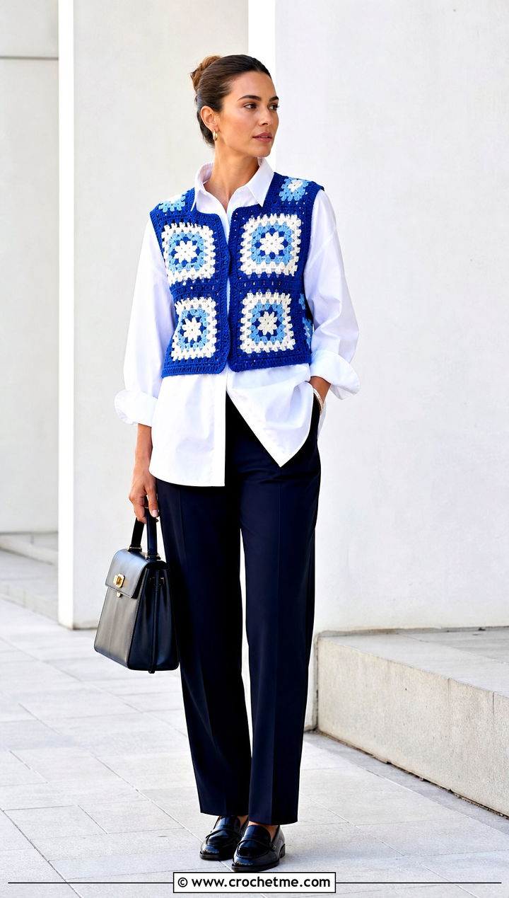 Granny Square Crochet Vest With Poplin Shirt - 30 unique crochet clothes and outfit ideas