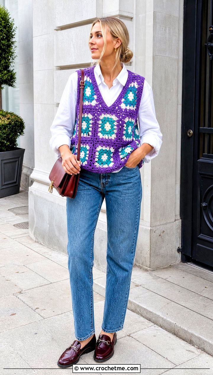 Granny Square Crochet Vest With Shirt And Jeans - 15 Crochet Diy Clothes Ideas