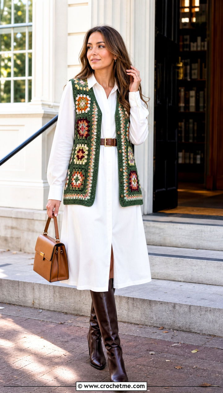 Granny Square Crochet Vest With Shirt Dress - 25 Fall Crochet Outfit Ideas