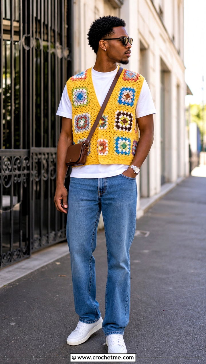 Granny Square Crochet Vest With Straight Jeans - 30 men's crochet vest outfit ideas