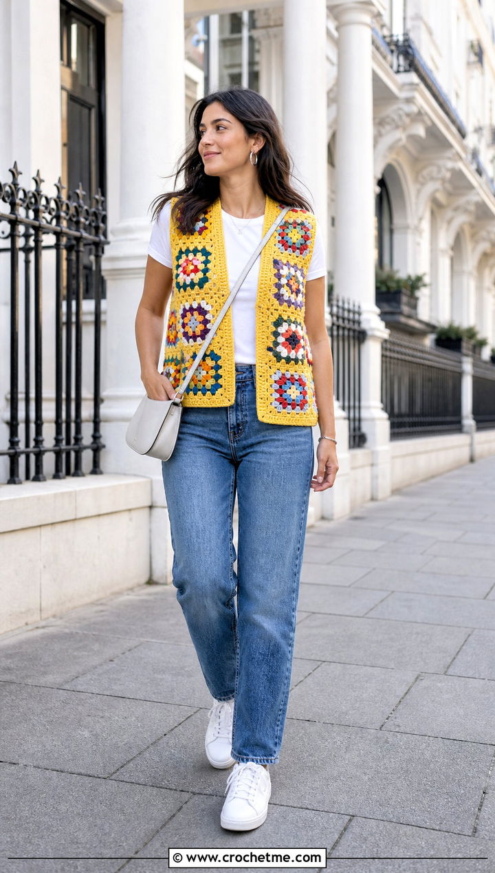 Granny Square Crochet Vest With Straight Jeans - 25 beginner crochet vest outfit ideas