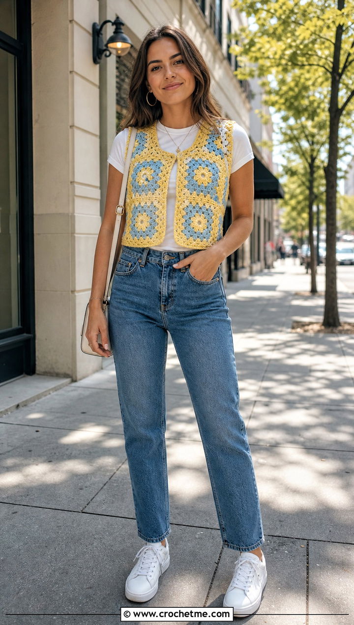 Granny Square Crochet Vest With Straight Jeans - 30 crochet clothing for beginners outfit ideas