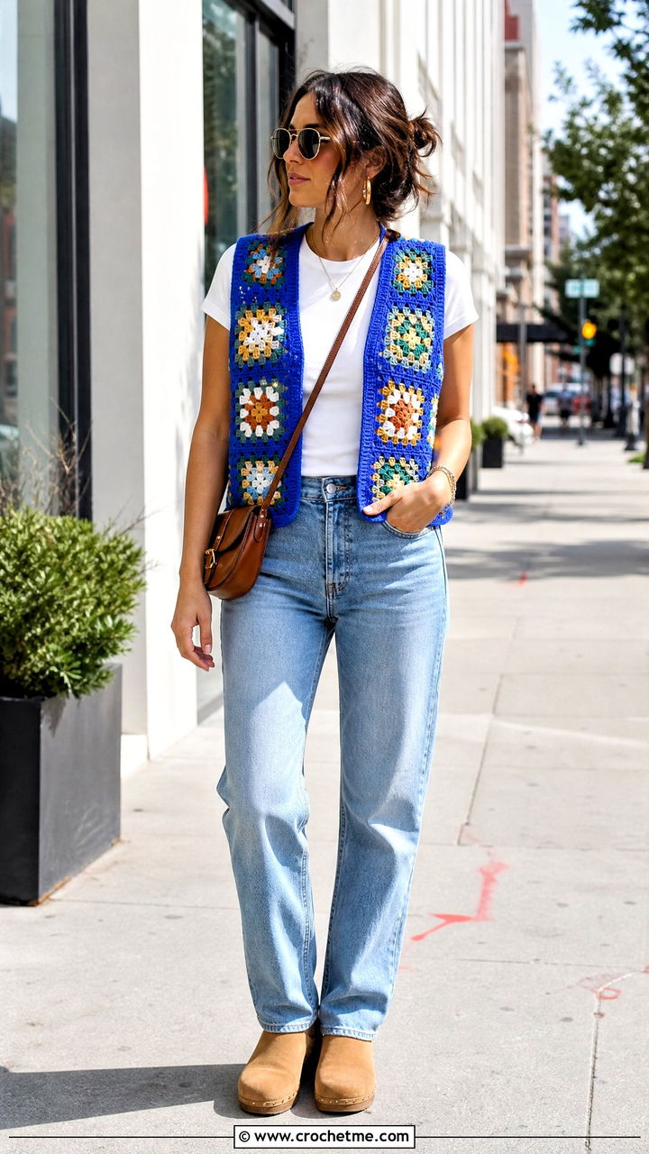 Granny Square Crochet Vest With Straight Leg Jeans - 35 boho crochet vest outfit ideas