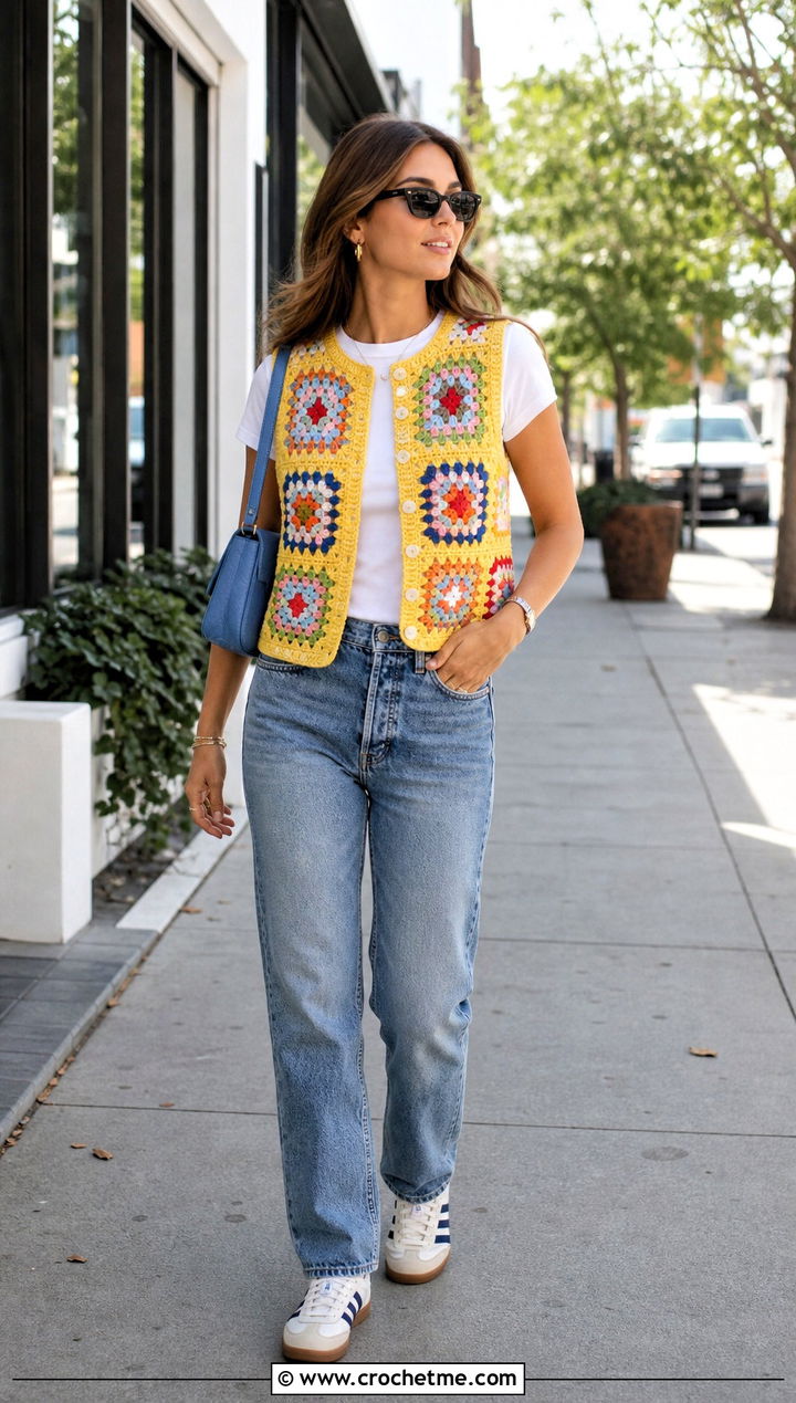 Granny Square Crochet Vest With Straight Leg Jeans - 35 crochet vest for women outfit ideas