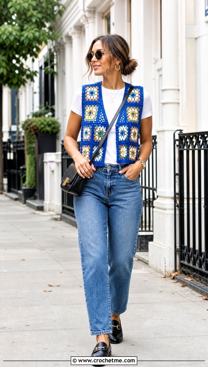 Granny Square Crochet Vest With Straight Leg Jeans - 35 crochet vest ideas