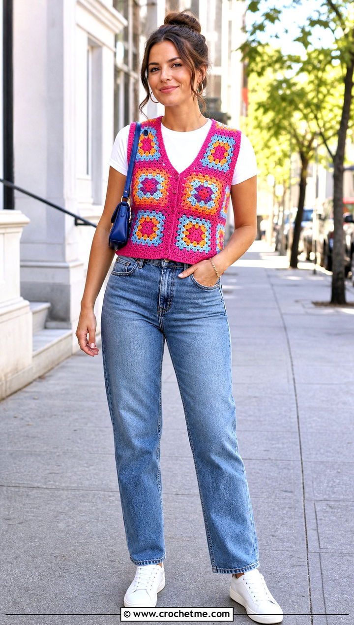 Granny Square Crochet Vest With Straight Leg Jeans - 35 crochet vest outfits for women outfit ideas