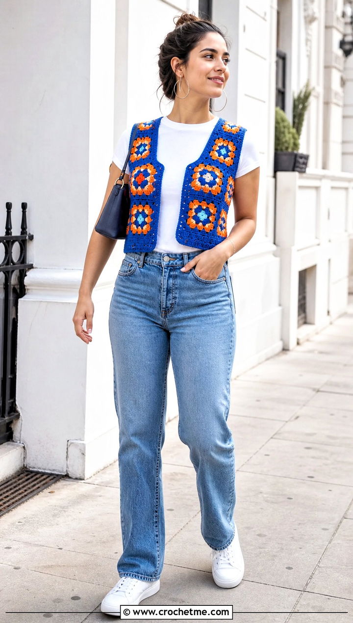 Granny Square Crochet Vest With Straight Leg Jeans - 35 crochet vests outfit ideas