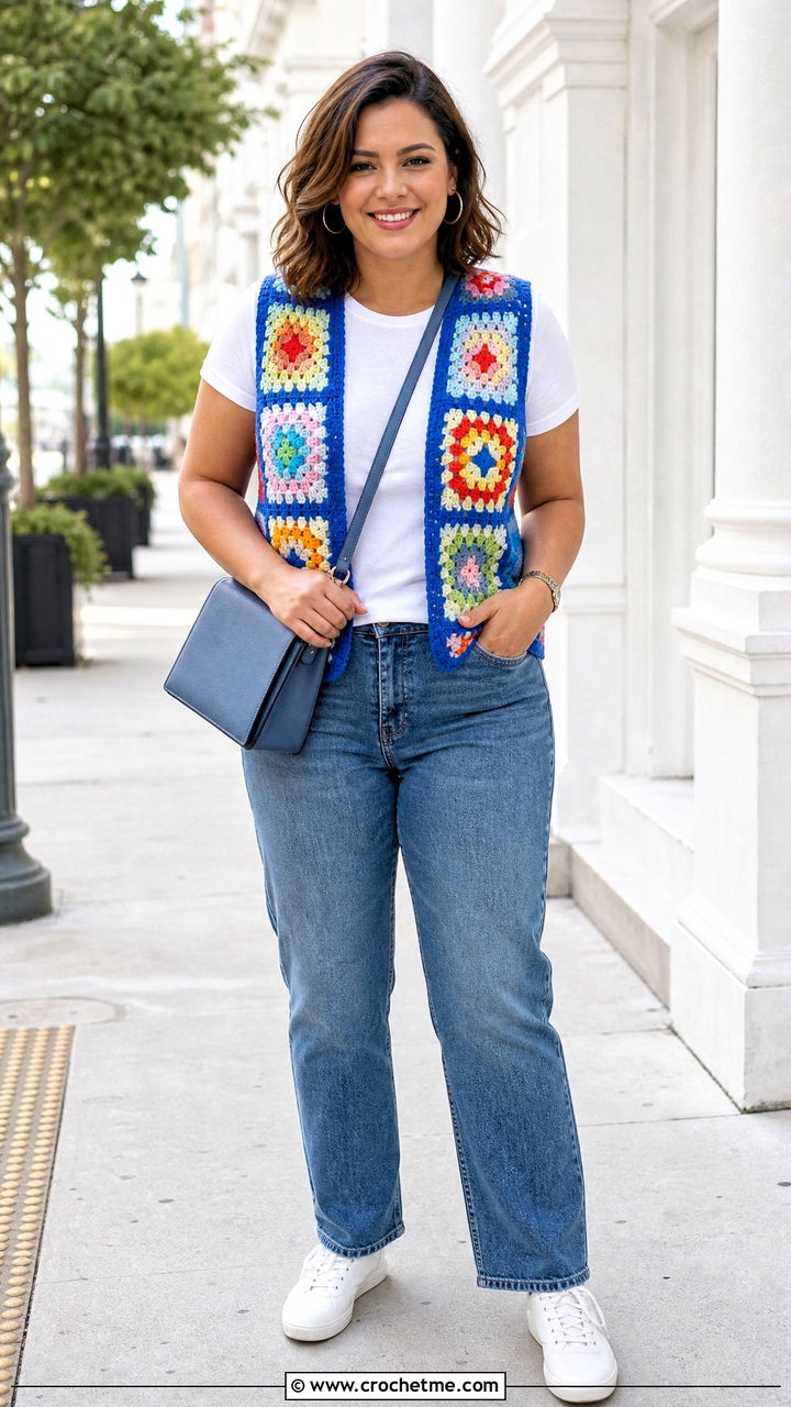 Granny Square Crochet Vest With Straight Leg Jeans - 35 easy crochet vest outfit ideas