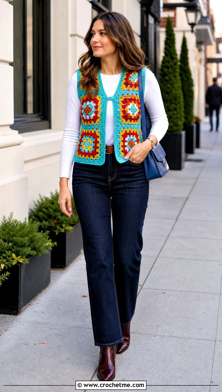 Granny Square Crochet Vest With Straight Leg Jeans - 15 Crochet Fall Vest outfit ideas