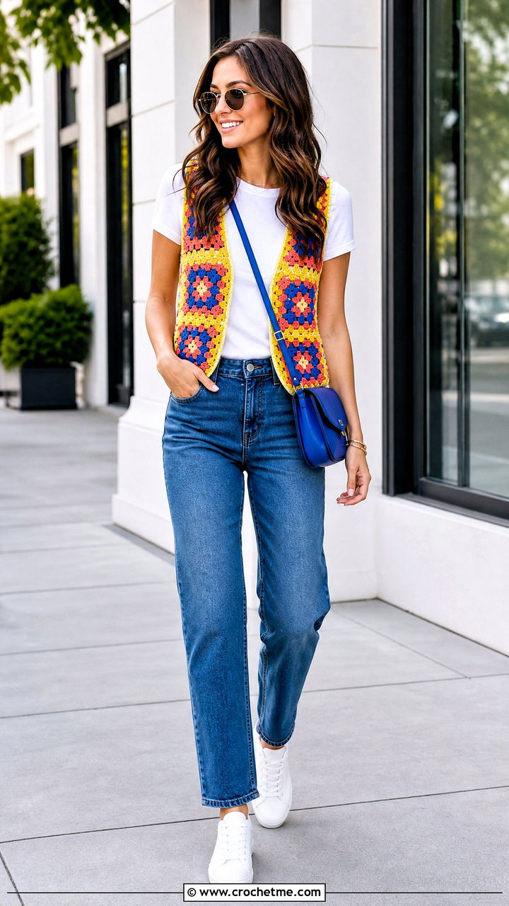 Granny Square Crochet Vest With Straight Leg Jeans - 35 beginner crochet clothes and outfit ideas