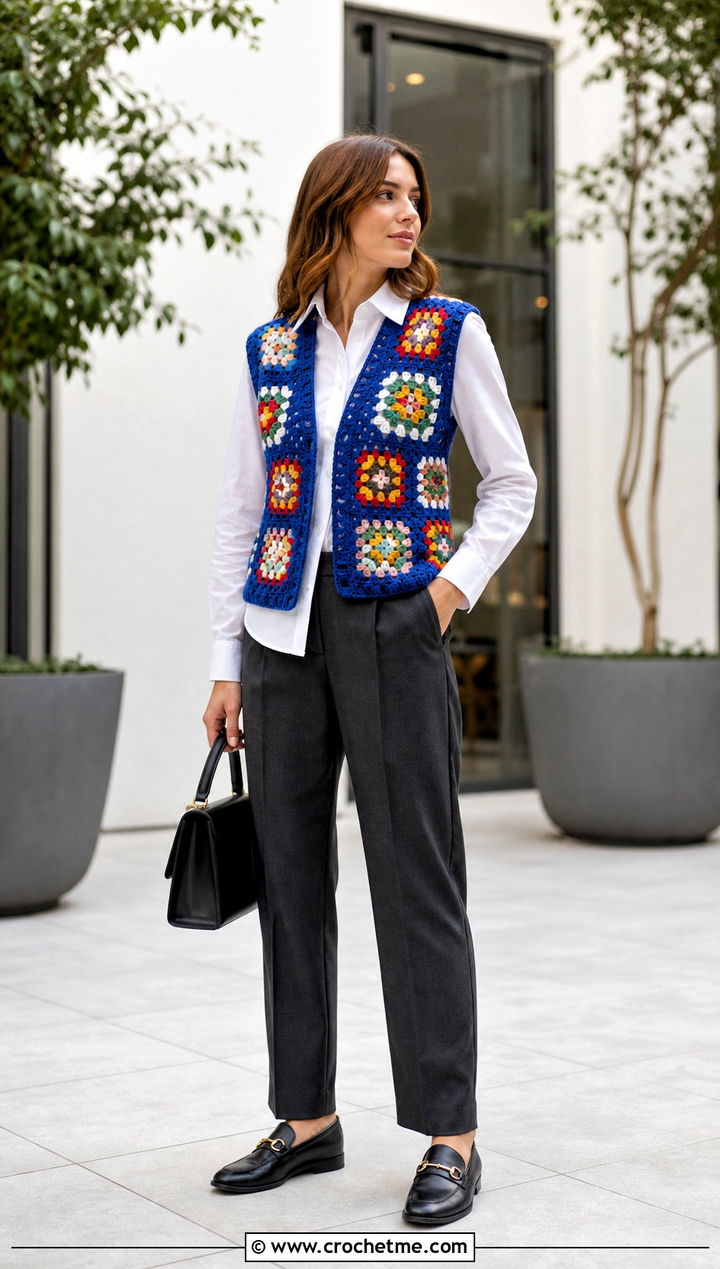 Granny Square Crochet Vest With Tailored Trousers - 25 Simple Crochet Clothes and outfit ideas