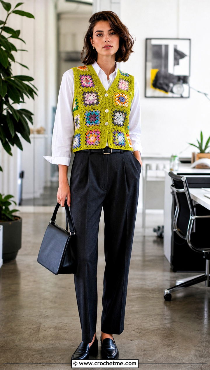 Granny Square Crochet Vest With Tailored Trousers - 25 women crochet clothes and outfit ideas