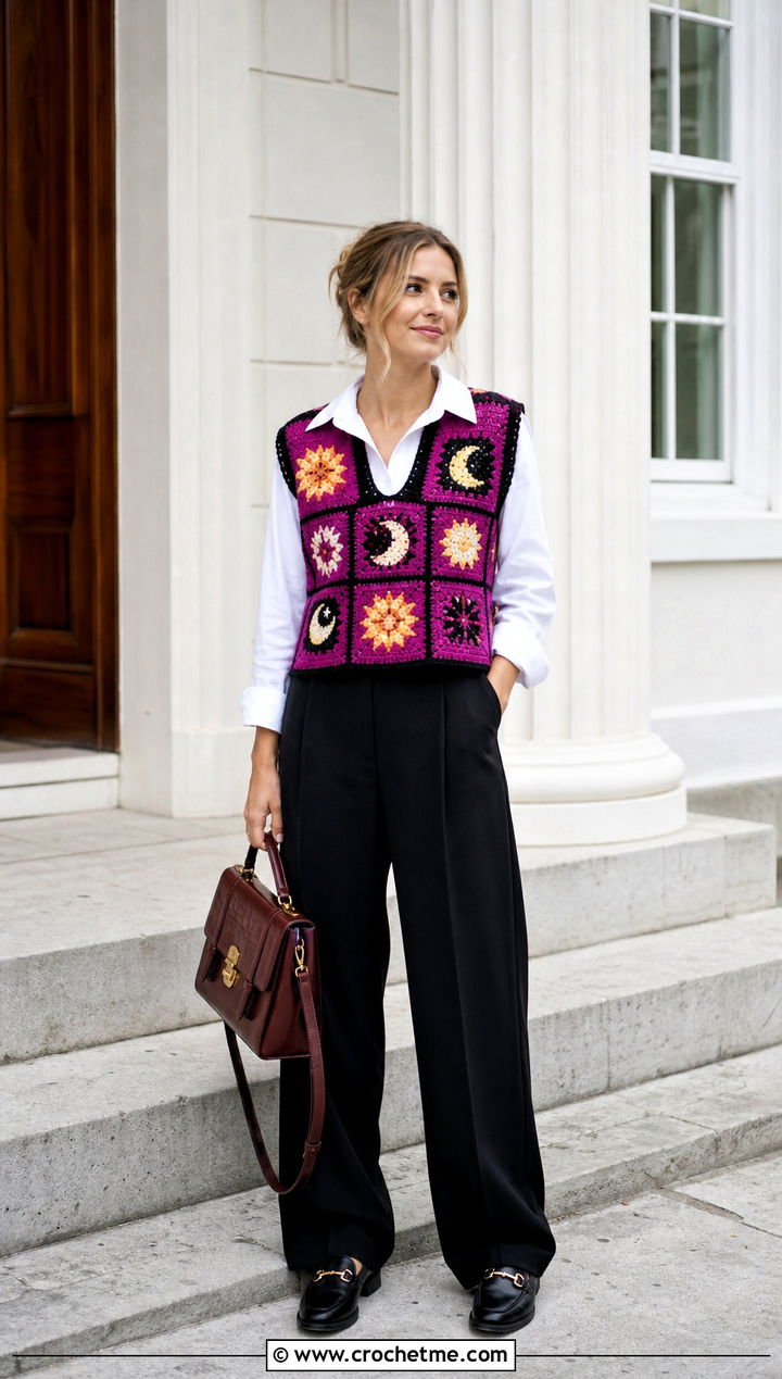 Granny Square Crochet Vest With Tailored Trousers - 25 crochet witchy clothes and outfit ideas