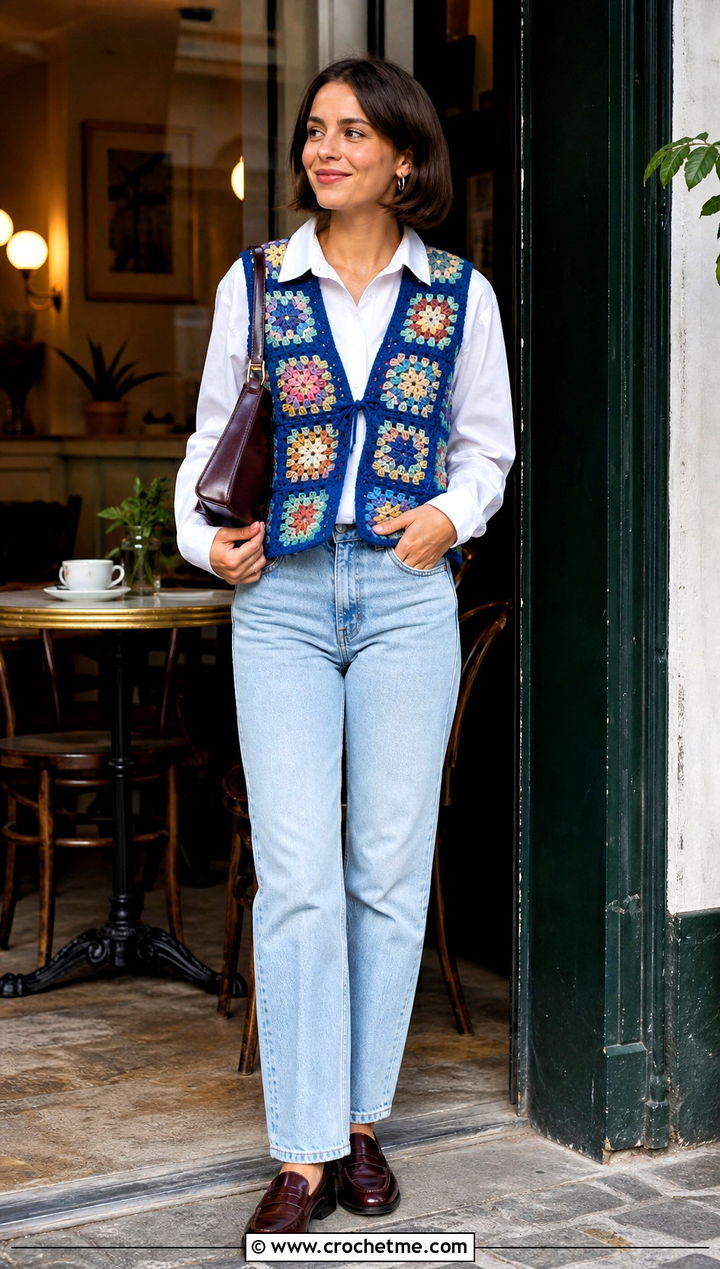 Granny Square Crochet Vest With White Shirt And Jeans - 25 Crochet For Beginners Clothes and outfit ideas