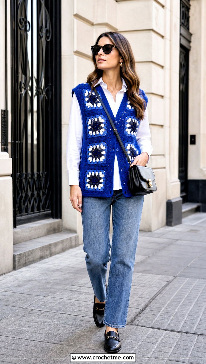 Granny Square Crochet Vest With White Shirt And Jeans - 25 easy clothes to crochet outfit ideas