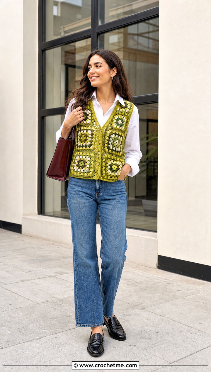 Granny Square Crochet Vest With White Shirt And Jeans - 30 70s crochet top outfit ideas