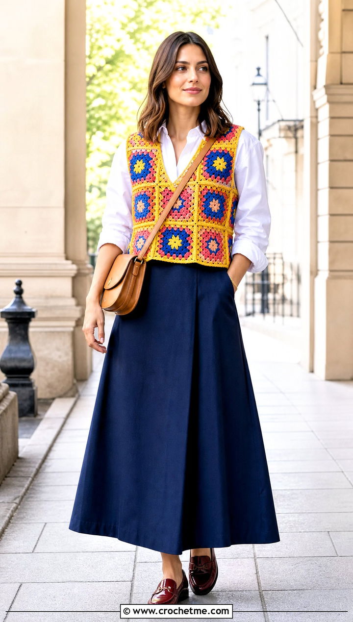 Granny Square Crochet Vest With White Shirt And Maxi Skirt - 35 Modest Crochet Outfit Ideas
