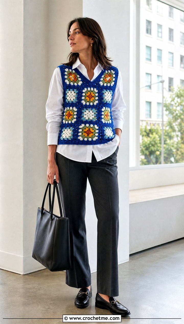Granny Square Crochet Vest With White Shirt And Trousers - 35 crochet layering top outfit ideas